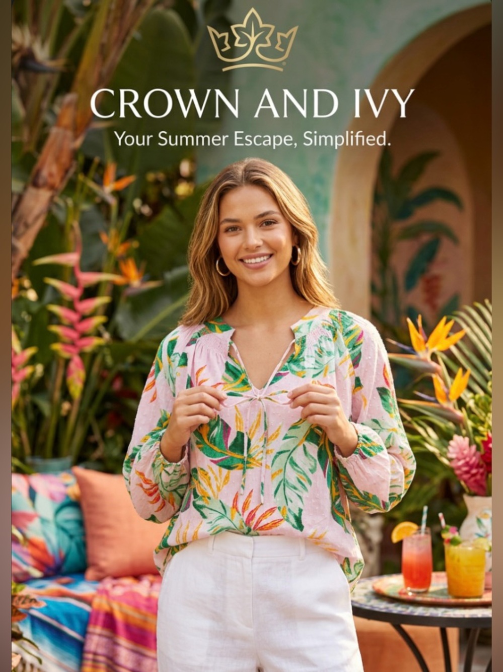 NWT ~ Crown & Ivy Pink Tropical Leaves Long Sleeve Peasant Style Top ~ XL